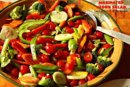 Marinated Veggie Salad | Can't Stay Out of the Kitchen | this healthy & delicious #salad is light and crunchy fare just in time for the #holidays! It's the perfect #SideDish for #Thanksgiving or #Christmas when you're trying to eat a little lighter, or offer some #vegan & #GlutenFree items on the menu. The #SaladDressing uses no oil. #tomatoes #broccoli #Cucumber, #carrots #SugarSnapPeas #MarinatedVeggieSalad