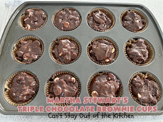 Martha Stewart's Triple Chocolate Brownie Cups | Can't Stay Out of the Kitchen | these fantastic #brownie cups are perfect for any kind of celebration. Bake up a batch for your next #tailgating party, potluck, soccer practice, or just because! This #dessert uses 4 kinds of #chocolate including #cocoa, #ChocolateChips, #WhiteChocolateChips & bittersweet or #SemiSweetChocolate. #BrownieCups #ChocolateDessert #MarthaStewartsTripleChocolateBrownieCups