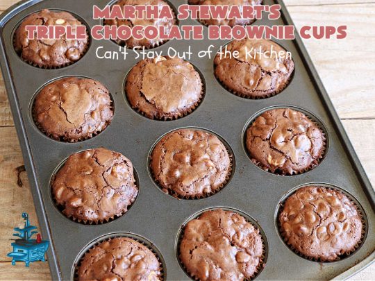 Martha Stewart's Triple Chocolate Brownie Cups | Can't Stay Out of the Kitchen | these fantastic #brownie cups are perfect for any kind of celebration. Bake up a batch for your next #tailgating party, potluck, soccer practice, or just because! This #dessert uses 4 kinds of #chocolate including #cocoa, #ChocolateChips, #WhiteChocolateChips & bittersweet or #SemiSweetChocolate. #BrownieCups #ChocolateDessert #MarthaStewartsTripleChocolateBrownieCups