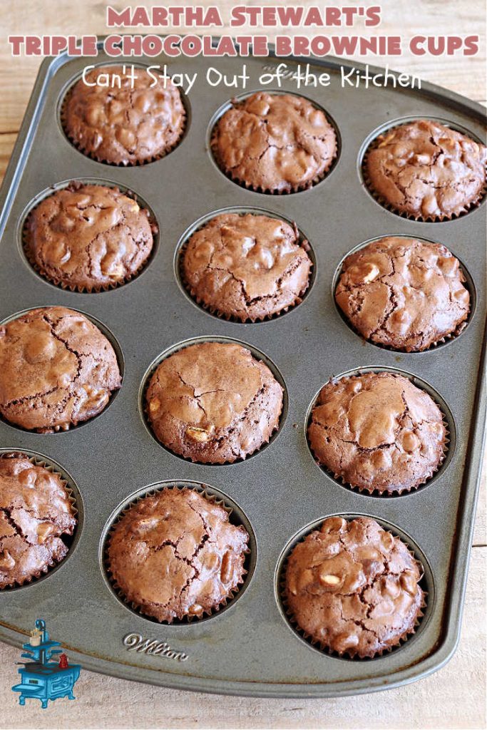 Martha Stewart's Triple Chocolate Brownie Cups | Can't Stay Out of the Kitchen | these fantastic #brownie cups are perfect for any kind of celebration. Bake up a batch for your next #tailgating party, potluck, soccer practice, or just because! This #dessert uses 4 kinds of #chocolate including #cocoa, #ChocolateChips, #WhiteChocolateChips & bittersweet or #SemiSweetChocolate. #BrownieCups #ChocolateDessert #MarthaStewartsTripleChocolateBrownieCups