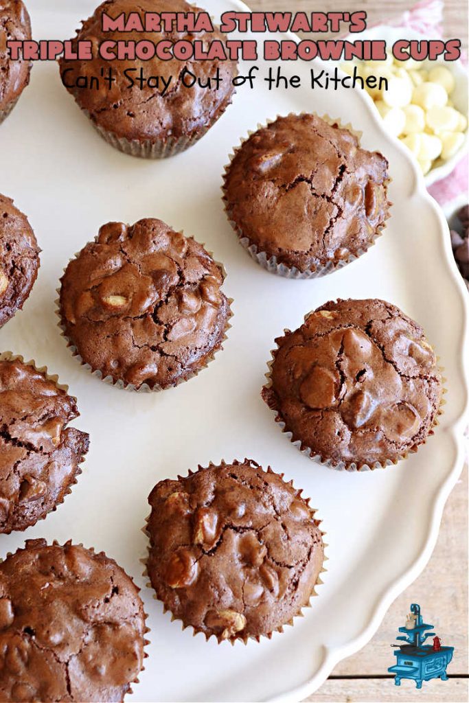 Martha Stewart's Triple Chocolate Brownie Cups | Can't Stay Out of the Kitchen | these fantastic #brownie cups are perfect for any kind of celebration. Bake up a batch for your next #tailgating party, potluck, soccer practice, or just because! This #dessert uses 4 kinds of #chocolate including #cocoa, #ChocolateChips, #WhiteChocolateChips & bittersweet or #SemiSweetChocolate. #BrownieCups #ChocolateDessert #MarthaStewartsTripleChocolateBrownieCups