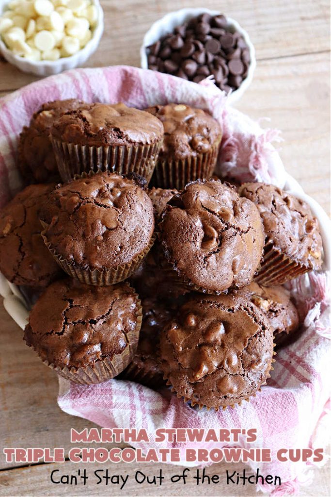 Martha Stewart's Triple Chocolate Brownie Cups | Can't Stay Out of the Kitchen | these fantastic #brownie cups are perfect for any kind of celebration. Bake up a batch for your next #tailgating party, potluck, soccer practice, or just because! This #dessert uses 4 kinds of #chocolate including #cocoa, #ChocolateChips, #WhiteChocolateChips & bittersweet or #SemiSweetChocolate. #BrownieCups #ChocolateDessert #MarthaStewartsTripleChocolateBrownieCups