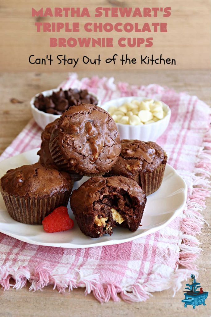 Martha Stewart's Triple Chocolate Brownie Cups | Can't Stay Out of the Kitchen | these fantastic #brownie cups are perfect for any kind of celebration. Bake up a batch for your next #tailgating party, potluck, soccer practice, or just because! This #dessert uses 4 kinds of #chocolate including #cocoa, #ChocolateChips, #WhiteChocolateChips & bittersweet or #SemiSweetChocolate. #BrownieCups #ChocolateDessert #MarthaStewartsTripleChocolateBrownieCups