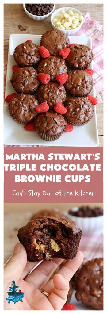 Martha Stewart's Triple Chocolate Brownie Cups | Can't Stay Out of the Kitchen | these fantastic #brownie cups are perfect for any kind of celebration. Bake up a batch for your next #tailgating party, potluck, soccer practice, or just because! This #dessert uses 4 kinds of #chocolate including #cocoa, #ChocolateChips, #WhiteChocolateChips & bittersweet or #SemiSweetChocolate. #BrownieCups #ChocolateDessert #MarthaStewartsTripleChocolateBrownieCups