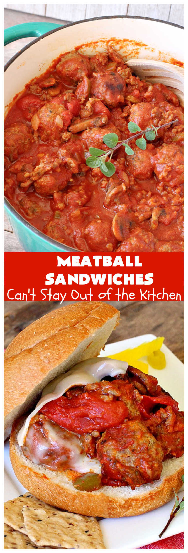 Meatball Sandwiches | Can't Stay Out of the Kitchen | Amazing #meatballs & sauce to spread over hoagie rolls. Adding melted #ProvoloneCheese makes them spectacular. Great for #tailgating parties. So  easy for weekend dinners. #beef #sandwiches #MarinaraSauce #ItalianSausage #MeatballSandwiches 