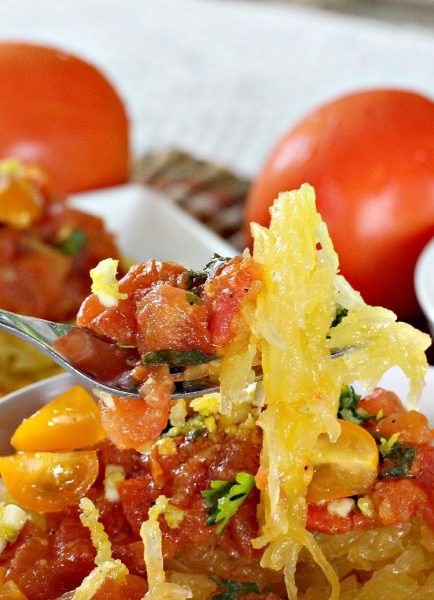 Mediterranean Spaghetti Squash | Can't Stay Out of the Kitchen | mouthwatering #MeatlessMonday dish that's healthy, #glutenfree and #vegan. You'll love the Mediterranean flavors.