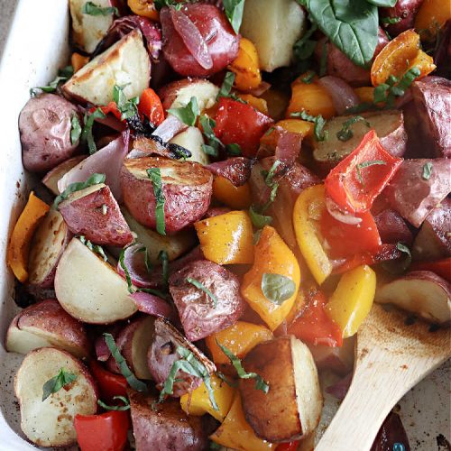 Mediterranean-Style Roasted Vegetables | Can't Stay Out of the Kitchen | this fantastic #RoastedVegetables #recipe is the perfect accompaniment to #fish, #steaks, #PorkChops or #LambChops. It's easy to toss together for weeknight dinners too. The combination of flavors is so mouthwatering & irresistible, you'll want seconds! #RedPotatoes #vegetables #BellPeppers #basil #Mediterranean #GlutenFree #vegan #LowCalorie #healthy #MediterraneanStyleRoastedVegetables