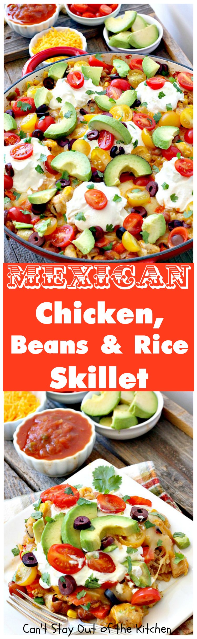 Mexican Chicken, Beans and Rice Skillet | Can't Stay Out of the Kitchen | this fantastic one-dish #TexMex skillet entree is one of the BEST you'll ever eat. Ready in about 40 minutes so it's perfect for weeknight meals. #chicken #glutenfree #avocados