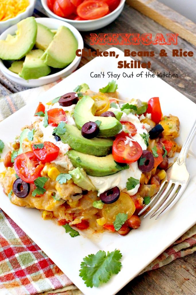 Mexican Chicken, Beans and Rice Skillet | Can't Stay Out of the Kitchen | this fantastic one-dish #TexMex skillet entree is one of the BEST you'll ever eat. Ready in about 40 minutes so it's perfect for weeknight meals. #chicken #glutenfree #avocados