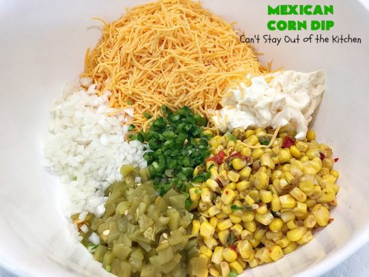 Mexican Corn Dip | Can't Stay Out of the Kitchen | this fantastic #TexMex #appetizer is phenomenal. It includes #SouthwesternCorn, #JalapenoPeppers, #GreenChilies & #CheddarCheese. Only 6 ingredients & so easy for any #tailgating party, potluck or grilling out with friends. #corn #CincoDeMayo #GlutenFree #MexicanCornDip #SuperBowl