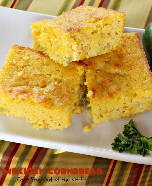 Mexican Cornbread | Can't Stay Out of the Kitchen | this souffle style #cornbread is absolutely mouthwatering. It uses either diced #Jalapenos or #GreenChilies plus #CheddarCheese. Terrific comfort food with chili or soup. #TexMex #Mexican #MexicanCornbread #GlutenFree #GlutenFreeCornbread
