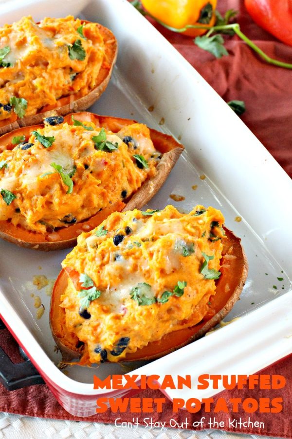Mexican Stuffed Sweet Potatoes | I LOVE these mouthwatering #sweetpotatoes! They're hearty, filling and substantial enough for #MeatlessMondays. This #TexMex version is so flavorful & sumptuous you won't want to stop eating them. I sure didn't. Healthy, clean-eating #glutenfree #CincoDeMayo