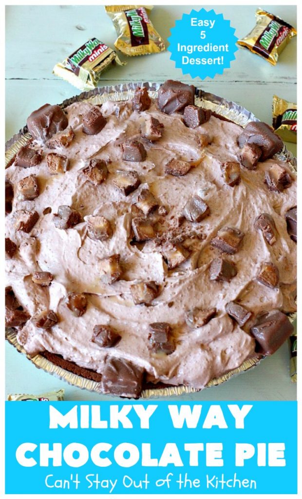 Milky Way Chocolate Pie | Can't Stay Out of the Kitchen | This sensational #ChocolatePie is rich, decadent, gooey, chocolaty & absolutely amazing. It's filled with #MilkyWayBars and is marvelous for a #holiday or company #dessert. #pie #chocolate #MilkyWayCandyBars #ChocolateDessert #MilkyWayDessert #MilkyWayChocolatePie