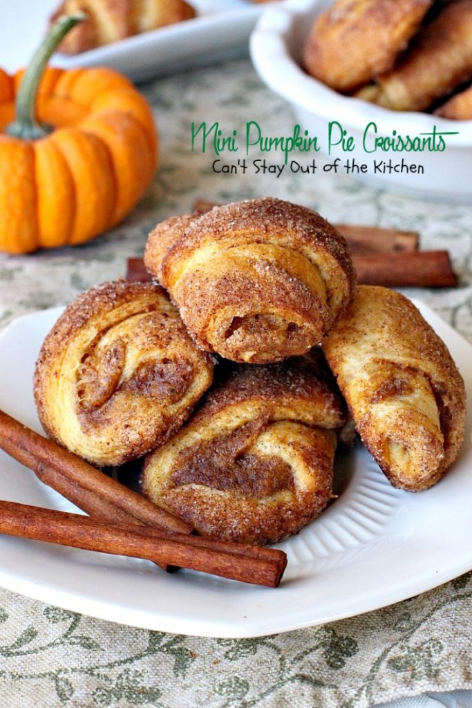 Mini Pumpkin Pie Croissants | Can't Stay Out of the Kitchen | these lovely #croissants taste like eating #pumpkinpie! Quick and easy since they use #crescentrolls. #pumpkin #breakfast