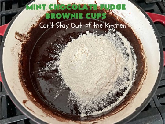 Mint Chocolate Fudge Brownie Cups | Can't Stay Out of the Kitchen | These luscious #brownies include #cocoa, #ChocolateChips, a #SemiSweetChocolateBakingBar & #MintFudgeFlavoredBakingChips (like #AndesMints!) They are so delectable you'll be swooning over every bite. Perfect for #tailgating, a #potluck, #BackyardBarbecue or #ChristmasCookieExchange. #chocolate #MintChocolate #MintChocolateFudgeBrownieCups