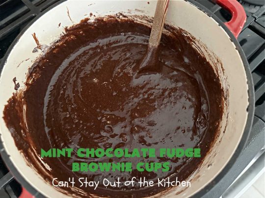 Mint Chocolate Fudge Brownie Cups | Can't Stay Out of the Kitchen | These luscious #brownies include #cocoa, #ChocolateChips, a #SemiSweetChocolateBakingBar & #MintFudgeFlavoredBakingChips (like #AndesMints!) They are so delectable you'll be swooning over every bite. Perfect for #tailgating, a #potluck, #BackyardBarbecue or #ChristmasCookieExchange. #chocolate #MintChocolate #MintChocolateFudgeBrownieCups