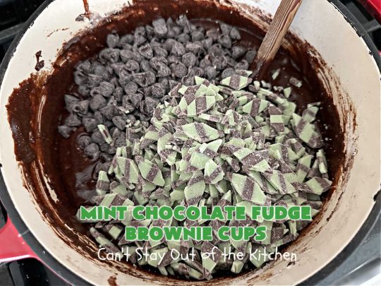 Mint Chocolate Fudge Brownie Cups | Can't Stay Out of the Kitchen | These luscious #brownies include #cocoa, #ChocolateChips, a #SemiSweetChocolateBakingBar & #MintFudgeFlavoredBakingChips (like #AndesMints!) They are so delectable you'll be swooning over every bite. Perfect for #tailgating, a #potluck, #BackyardBarbecue or #ChristmasCookieExchange. #chocolate #MintChocolate #MintChocolateFudgeBrownieCups