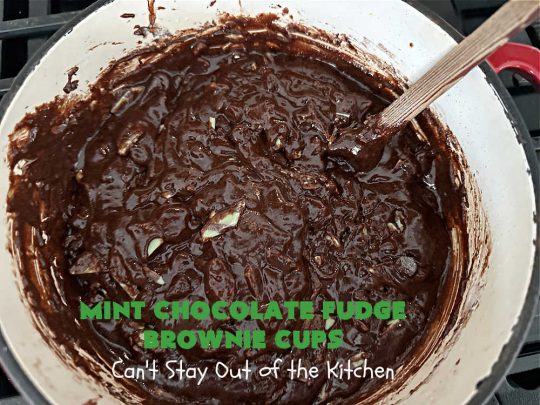 Mint Chocolate Fudge Brownie Cups | Can't Stay Out of the Kitchen | These luscious #brownies include #cocoa, #ChocolateChips, a #SemiSweetChocolateBakingBar & #MintFudgeFlavoredBakingChips (like #AndesMints!) They are so delectable you'll be swooning over every bite. Perfect for #tailgating, a #potluck, #BackyardBarbecue or #ChristmasCookieExchange. #chocolate #MintChocolate #MintChocolateFudgeBrownieCups