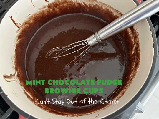 Mint Chocolate Fudge Brownie Cups | Can't Stay Out of the Kitchen | These luscious #brownies include #cocoa, #ChocolateChips, a #SemiSweetChocolateBakingBar & #MintFudgeFlavoredBakingChips (like #AndesMints!) They are so delectable you'll be swooning over every bite. Perfect for #tailgating, a #potluck, #BackyardBarbecue or #ChristmasCookieExchange. #chocolate #MintChocolate #MintChocolateFudgeBrownieCups