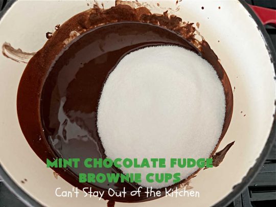 Mint Chocolate Fudge Brownie Cups | Can't Stay Out of the Kitchen | These luscious #brownies include #cocoa, #ChocolateChips, a #SemiSweetChocolateBakingBar & #MintFudgeFlavoredBakingChips (like #AndesMints!) They are so delectable you'll be swooning over every bite. Perfect for #tailgating, a #potluck, #BackyardBarbecue or #ChristmasCookieExchange. #chocolate #MintChocolate #MintChocolateFudgeBrownieCups