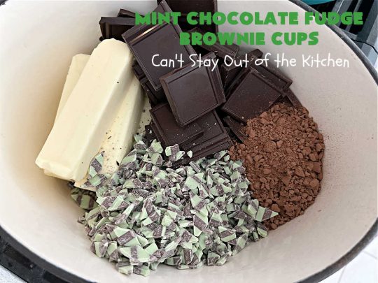 Mint Chocolate Fudge Brownie Cups | Can't Stay Out of the Kitchen | These luscious #brownies include #cocoa, #ChocolateChips, a #SemiSweetChocolateBakingBar & #MintFudgeFlavoredBakingChips (like #AndesMints!) They are so delectable you'll be swooning over every bite. Perfect for #tailgating, a #potluck, #BackyardBarbecue or #ChristmasCookieExchange. #chocolate #MintChocolate #MintChocolateFudgeBrownieCups