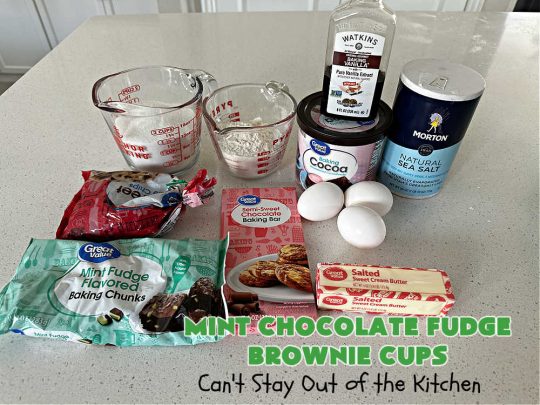 Mint Chocolate Fudge Brownie Cups | Can't Stay Out of the Kitchen | These luscious #brownies include #cocoa, #ChocolateChips, a #SemiSweetChocolateBakingBar & #MintFudgeFlavoredBakingChips (like #AndesMints!) They are so delectable you'll be swooning over every bite. Perfect for #tailgating, a #potluck, #BackyardBarbecue or #ChristmasCookieExchange. #chocolate #MintChocolate #MintChocolateFudgeBrownieCups