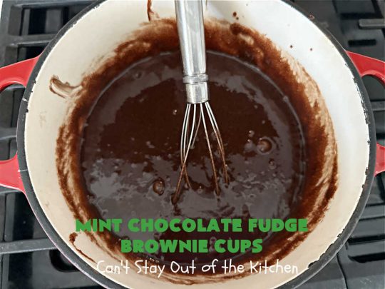 Mint Chocolate Fudge Brownie Cups | Can't Stay Out of the Kitchen | These luscious #brownies include #cocoa, #ChocolateChips, a #SemiSweetChocolateBakingBar & #MintFudgeFlavoredBakingChips (like #AndesMints!) They are so delectable you'll be swooning over every bite. Perfect for #tailgating, a #potluck, #BackyardBarbecue or #ChristmasCookieExchange. #chocolate #MintChocolate #MintChocolateFudgeBrownieCups