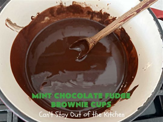 Mint Chocolate Fudge Brownie Cups | Can't Stay Out of the Kitchen | These luscious #brownies include #cocoa, #ChocolateChips, a #SemiSweetChocolateBakingBar & #MintFudgeFlavoredBakingChips (like #AndesMints!) They are so delectable you'll be swooning over every bite. Perfect for #tailgating, a #potluck, #BackyardBarbecue or #ChristmasCookieExchange. #chocolate #MintChocolate #MintChocolateFudgeBrownieCups