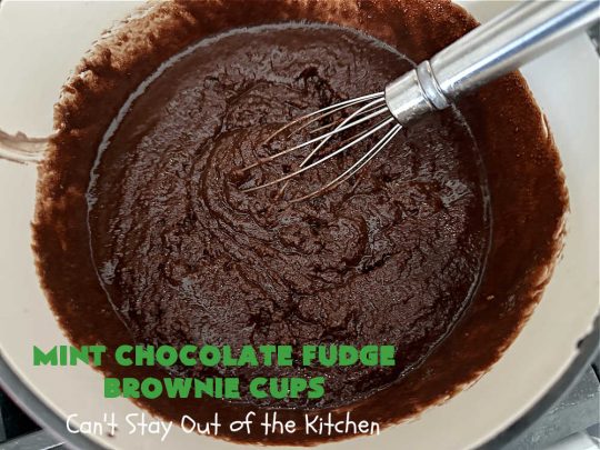 Mint Chocolate Fudge Brownie Cups | Can't Stay Out of the Kitchen | These luscious #brownies include #cocoa, #ChocolateChips, a #SemiSweetChocolateBakingBar & #MintFudgeFlavoredBakingChips (like #AndesMints!) They are so delectable you'll be swooning over every bite. Perfect for #tailgating, a #potluck, #BackyardBarbecue or #ChristmasCookieExchange. #chocolate #MintChocolate #MintChocolateFudgeBrownieCups