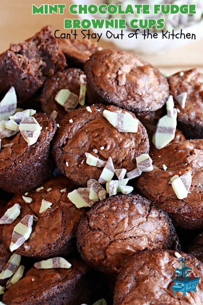 Mint Chocolate Fudge Brownie Cups | Can't Stay Out of the Kitchen | These luscious #brownies include #cocoa, #ChocolateChips, a #SemiSweetChocolateBakingBar & #MintFudgeFlavoredBakingChips (like #AndesMints!) They are so delectable you'll be swooning over every bite. Perfect for #tailgating, a #potluck, #BackyardBarbecue or #ChristmasCookieExchange. #chocolate #MintChocolate #MintChocolateFudgeBrownieCups