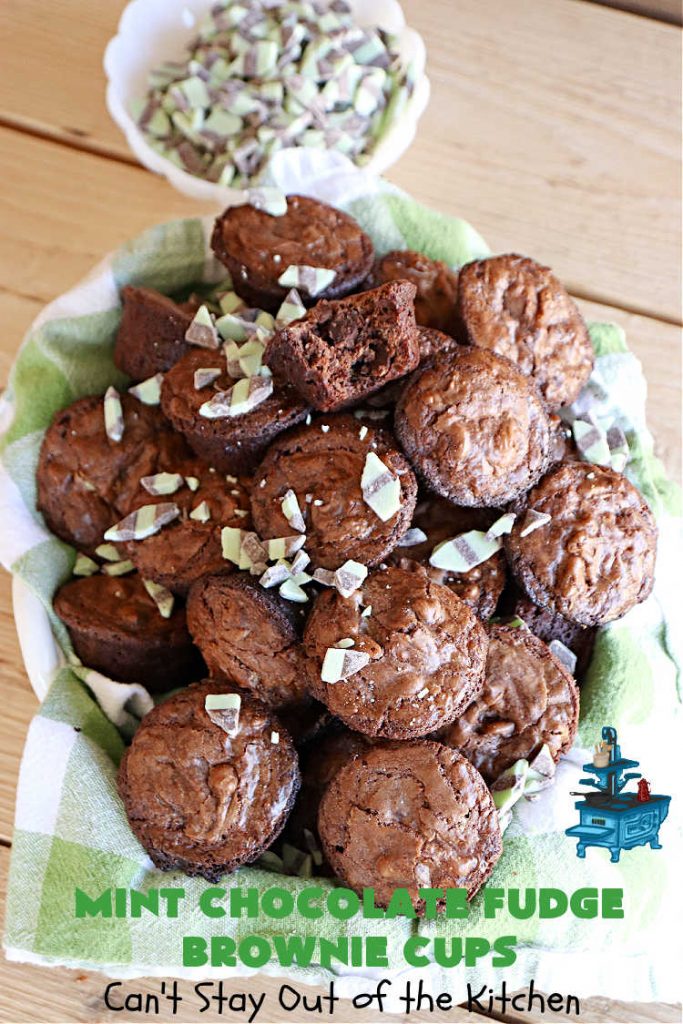 Mint Chocolate Fudge Brownie Cups | Can't Stay Out of the Kitchen | These luscious #brownies include #cocoa, #ChocolateChips, a #SemiSweetChocolateBakingBar & #MintFudgeFlavoredBakingChips (like #AndesMints!) They are so delectable you'll be swooning over every bite. Perfect for #tailgating, a #potluck, #BackyardBarbecue or #ChristmasCookieExchange. #chocolate #MintChocolate #MintChocolateFudgeBrownieCups