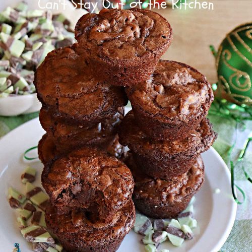 Mint Chocolate Fudge Brownie Cups | Can't Stay Out of the Kitchen | These luscious #brownies include #cocoa, #ChocolateChips, a #SemiSweetChocolateBakingBar & #MintFudgeFlavoredBakingChips (like #AndesMints!) They are so delectable you'll be swooning over every bite. Perfect for #tailgating, a #potluck, #BackyardBarbecue or #ChristmasCookieExchange. #chocolate #MintChocolate #MintChocolateFudgeBrownieCups