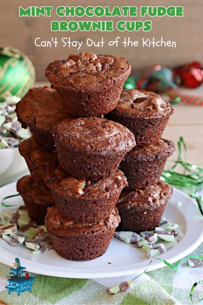 Mint Chocolate Fudge Brownie Cups | Can't Stay Out of the Kitchen | These luscious #brownies include #cocoa, #ChocolateChips, a #SemiSweetChocolateBakingBar & #MintFudgeFlavoredBakingChips (like #AndesMints!) They are so delectable you'll be swooning over every bite. Perfect for #tailgating, a #potluck, #BackyardBarbecue or #ChristmasCookieExchange. #chocolate #MintChocolate #MintChocolateFudgeBrownieCups