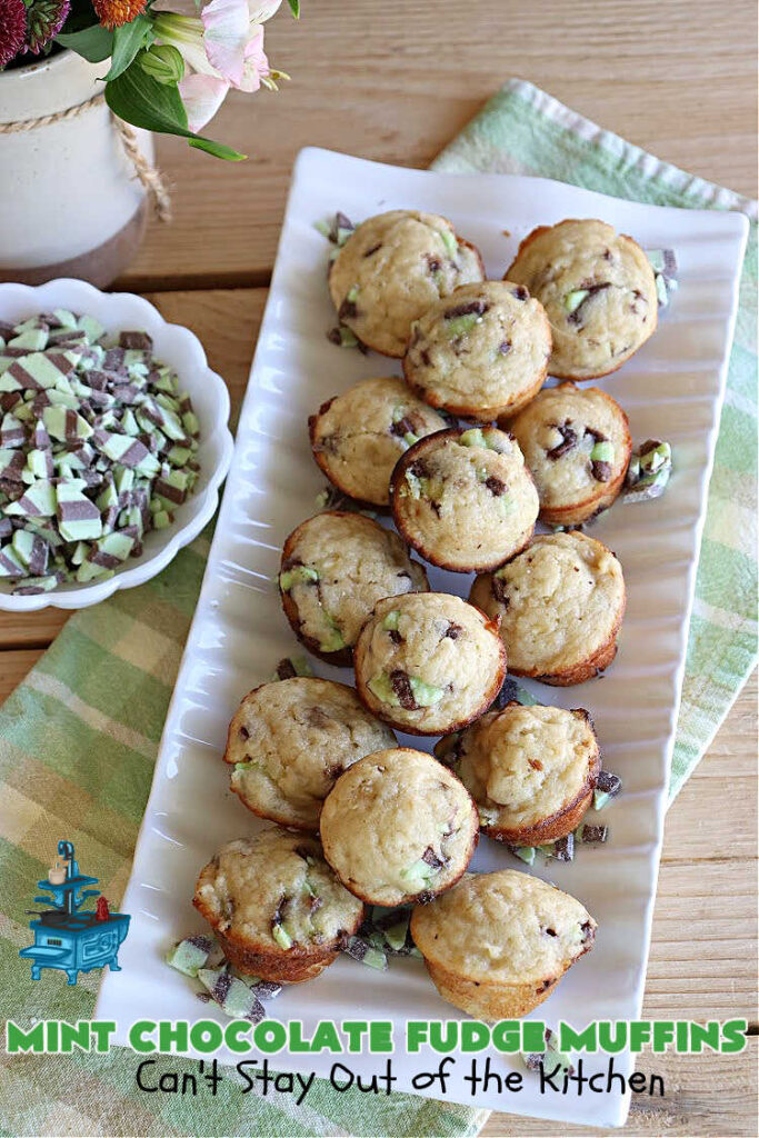 Mint Chocolate Fudge Muffins | Can't Stay Out of the Kitchen | these outrageous #muffins include #MintChocolateFudgeBakingChunks for spectacular flavor. Enjoy the heavenly taste of #mint, chocolate & #fudge in these amazing #BreakfastMuffins. They taste like #AndesMints in each bite! Great #breakfast #entree for a weekend, company or #holiday #brunch. #baking #StPatricksDay #HolidayBaking #HolidayBreakfast #MintChocolateFudgeMuffins