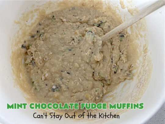 Mint Chocolate Fudge Muffins | Can't Stay Out of the Kitchen | these outrageous #muffins include #MintChocolateFudgeBakingChunks for spectacular flavor. Enjoy the heavenly taste of #mint, chocolate & #fudge in these amazing #BreakfastMuffins. They taste like #AndesMints in each bite! Great #breakfast #entree for a weekend, company or #holiday #brunch. #baking #StPatricksDay #HolidayBaking #HolidayBreakfast #MintChocolateFudgeMuffins