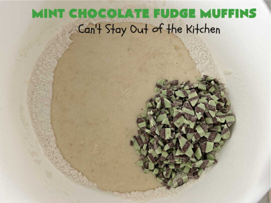 Mint Chocolate Fudge Muffins | Can't Stay Out of the Kitchen | these outrageous #muffins include #MintChocolateFudgeBakingChunks for spectacular flavor. Enjoy the heavenly taste of #mint, chocolate & #fudge in these amazing #BreakfastMuffins. They taste like #AndesMints in each bite! Great #breakfast #entree for a weekend, company or #holiday #brunch. #baking #StPatricksDay #HolidayBaking #HolidayBreakfast #MintChocolateFudgeMuffins