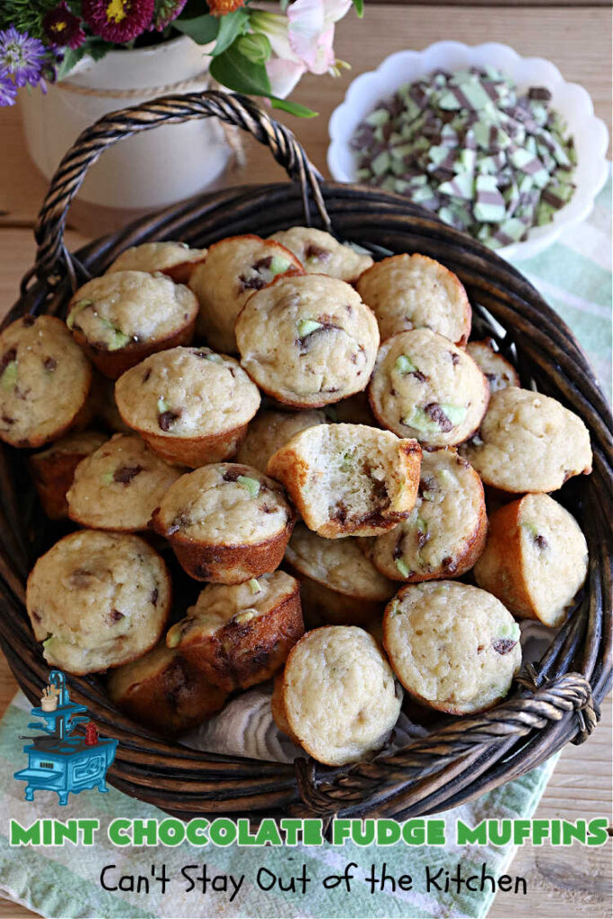 Mint Chocolate Fudge Muffins | Can't Stay Out of the Kitchen | these outrageous #muffins include #MintChocolateFudgeBakingChunks for spectacular flavor. Enjoy the heavenly taste of #mint, chocolate & #fudge in these amazing #BreakfastMuffins. They taste like #AndesMints in each bite! Great #breakfast #entree for a weekend, company or #holiday #brunch. #baking #StPatricksDay #HolidayBaking #HolidayBreakfast #MintChocolateFudgeMuffins