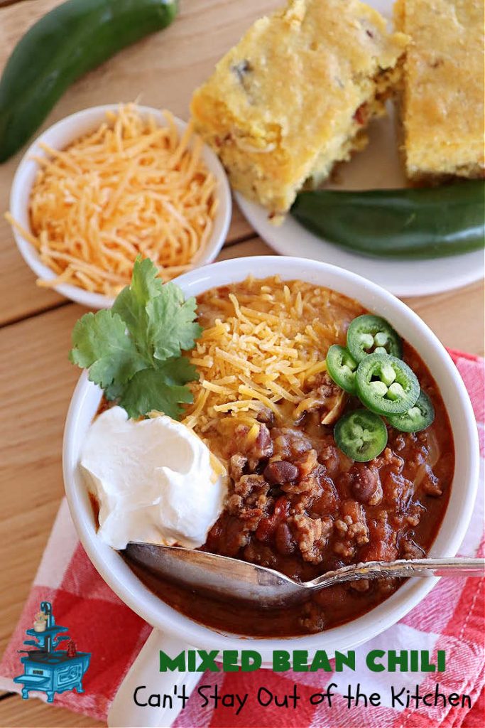 Mixed Bean Chili | Can't Stay Out of the Kitchen | this favorite #chili #recipe is extra meaty using lean #GroundBeef & sweet #ItalianSausage. This #SlowCooker chili is terrific for company dinners or #tailgating parties since it makes a lot. #BlackBeans #RedKidneyBeans #PintoBeans #tomatoes #GlutenFree #JalapenoPepper #MixedBeanChili