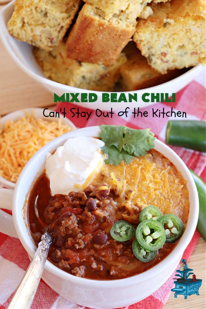 Mixed Bean Chili | Can't Stay Out of the Kitchen | this favorite #chili #recipe is extra meaty using lean #GroundBeef & sweet #ItalianSausage. This #SlowCooker chili is terrific for company dinners or #tailgating parties since it makes a lot. #BlackBeans #RedKidneyBeans #PintoBeans #tomatoes #GlutenFree #JalapenoPepper #MixedBeanChili Mixed Bean Chili | Can't Stay Out of the Kitchen | this favorite #chili #recipe is extra meaty using lean #GroundBeef & sweet #ItalianSausage. This #SlowCooker chili is terrific for company dinners or #tailgating parties since it makes a lot. #BlackBeans #RedKidneyBeans #PintoBeans #tomatoes #GlutenFree #JalapenoPepper #MixedBeanChili