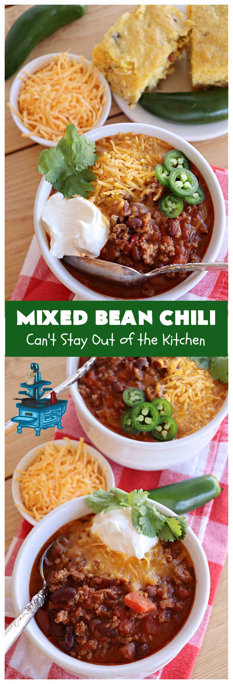 Mixed Bean Chili | Can't Stay Out of the Kitchen | this favorite #chili #recipe is extra meaty using lean #GroundBeef & sweet #ItalianSausage. This #SlowCooker chili is terrific for company dinners or #tailgating parties since it makes a lot. #BlackBeans #RedKidneyBeans #PintoBeans #tomatoes #GlutenFree #JalapenoPepper #MixedBeanChili
