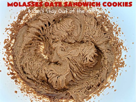 Molasses Date Sandwich Cookies | Can't Stay Out of the Kitchen | these rich, decadent #cookies have the old-world flavor of #molasses # #spices with #VanillaIcing in the middle. These irresistible #MolassesCookies are great for a #ChristmasCookieExchange or #holiday #baking. Everyone will want seconds! #HolidayBaking #HollidayDessert #WhoopeePies #SandwichCookies #MolassesDateSandwichCookies