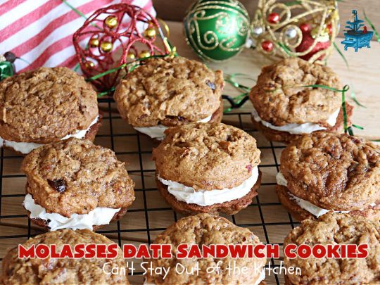 Molasses Date Sandwich Cookies | Can't Stay Out of the Kitchen | these rich, decadent #cookies have the old-world flavor of #molasses # #spices with #VanillaIcing in the middle. These irresistible #MolassesCookies are great for a #ChristmasCookieExchange or #holiday #baking. Everyone will want seconds! #HolidayBaking #HollidayDessert #WhoopeePies #SandwichCookies #MolassesDateSandwichCookies