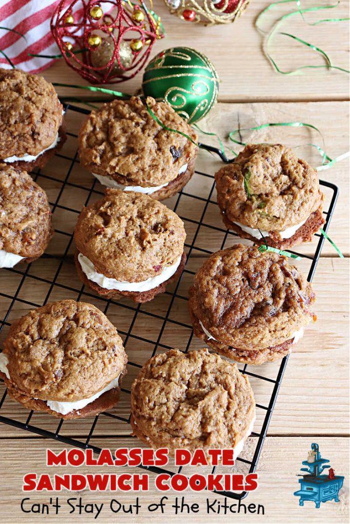 Molasses Date Sandwich Cookies | Can't Stay Out of the Kitchen | these rich, decadent #cookies have the old-world flavor of #molasses # #spices with #VanillaIcing in the middle. These irresistible #MolassesCookies are great for a #ChristmasCookieExchange or #holiday #baking. Everyone will want seconds! #HolidayBaking #HollidayDessert #WhoopeePies #SandwichCookies #MolassesDateSandwichCookies