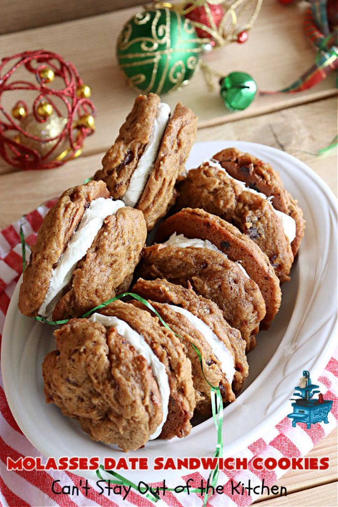 Molasses Date Sandwich Cookies | Can't Stay Out of the Kitchen | these rich, decadent #cookies have the old-world flavor of #molasses # #spices with #VanillaIcing in the middle. These irresistible #MolassesCookies are great for a #ChristmasCookieExchange or #holiday #baking. Everyone will want seconds! #HolidayBaking #HollidayDessert #WhoopeePies #SandwichCookies #MolassesDateSandwichCookies