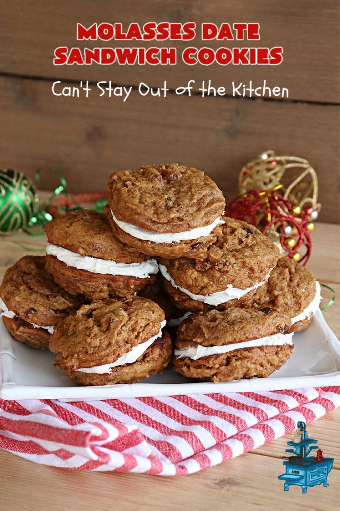 Molasses Date Sandwich Cookies | Can't Stay Out of the Kitchen | these rich, decadent #cookies have the old-world flavor of #molasses # #spices with #VanillaIcing in the middle. These irresistible #MolassesCookies are great for a #ChristmasCookieExchange or #holiday #baking. Everyone will want seconds! #HolidayBaking #HollidayDessert #WhoopeePies #SandwichCookies #MolassesDateSandwichCookies