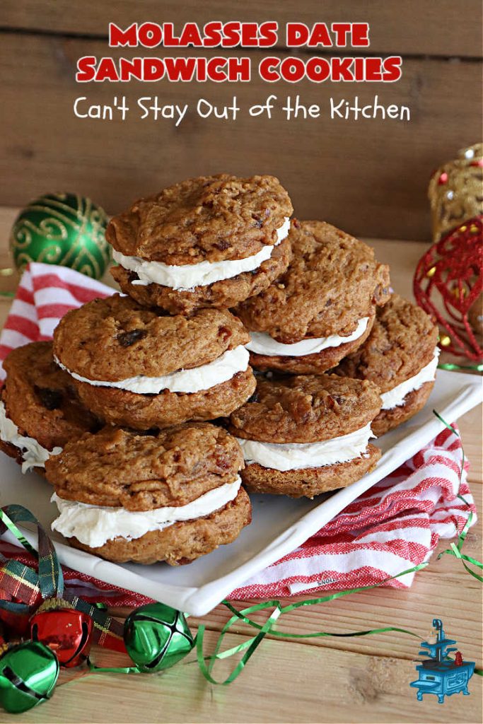 Molasses Date Sandwich Cookies | Can't Stay Out of the Kitchen | these rich, decadent #cookies have the old-world flavor of #molasses # #spices with #VanillaIcing in the middle. These irresistible #MolassesCookies are great for a #ChristmasCookieExchange or #holiday #baking. Everyone will want seconds! #HolidayBaking #HollidayDessert #WhoopeePies #SandwichCookies #MolassesDateSandwichCookies