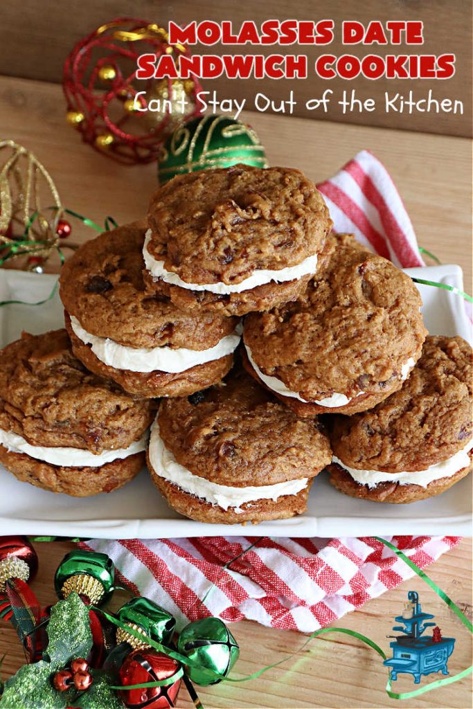 Molasses Date Sandwich Cookies | Can't Stay Out of the Kitchen | these rich, decadent #cookies have the old-world flavor of #molasses # #spices with #VanillaIcing in the middle. These irresistible #MolassesCookies are great for a #ChristmasCookieExchange or #holiday #baking. Everyone will want seconds! #HolidayBaking #HollidayDessert #WhoopeePies #SandwichCookies #MolassesDateSandwichCookies