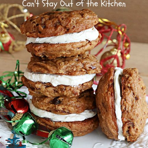 Molasses Date Sandwich Cookies | Can't Stay Out of the Kitchen | these rich, decadent #cookies have the old-world flavor of #molasses # #spices with #VanillaIcing in the middle. These irresistible #MolassesCookies are great for a #ChristmasCookieExchange or #holiday #baking. Everyone will want seconds! #HolidayBaking #HollidayDessert #WhoopeePies #SandwichCookies #MolassesDateSandwichCookies