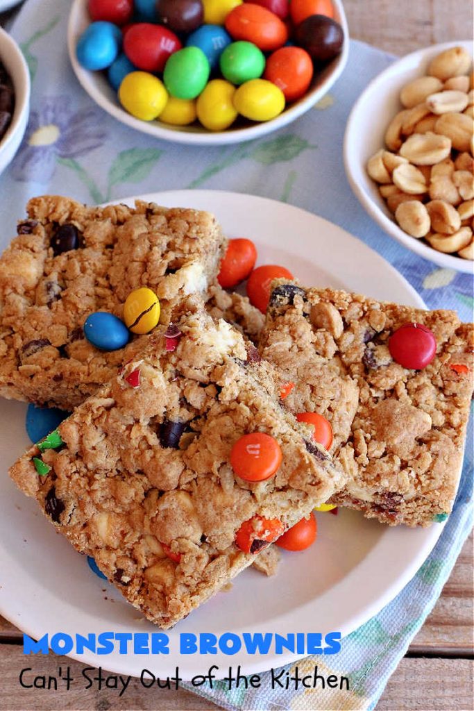 Monster Brownies | Can't Stay Out of the Kitchen | These #brownies are loaded with #MMs, #peanuts, #ChocolateChips & white #chocolate chips. They're terrific for #holidays, #tailgating parties or potlucks or anytime you need a chocolate fix! Every bite will rock your world! #oatmeal #cookies #holiday #HolidayDessert #ChristmasCookieExchange #PeanutButter #PPeanutButterDessert #ChocolateDessert #HolidayBaking #MonsterBrownies