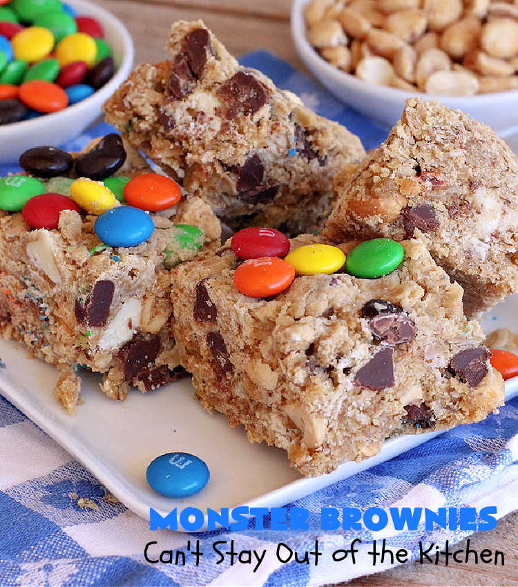 Monster Brownies | Can't Stay Out of the Kitchen | These #brownies are loaded with #MMs, #peanuts, #ChocolateChips & white #chocolate chips. They're terrific for #holidays, #tailgating parties or potlucks or anytime you need a chocolate fix! Every bite will rock your world! #oatmeal #cookies #holiday #HolidayDessert #ChristmasCookieExchange #PeanutButter #PPeanutButterDessert #ChocolateDessert #HolidayBaking #MonsterBrownies
